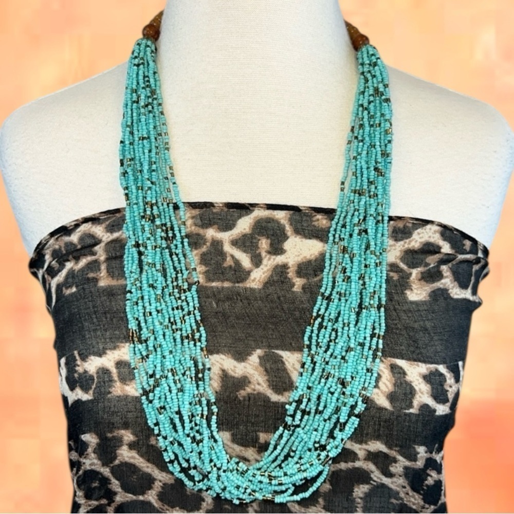 INDONESIAN Turquoise‎ Bronze Seed Bead Boho Necklace Wood Beads w/Clasp